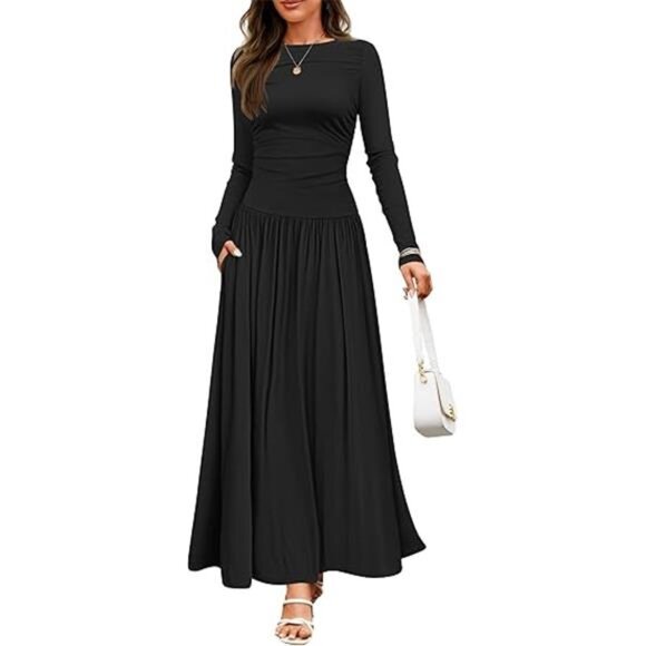 Women's Fall Long Sleeve Crewneck Maxi Dress - Casual Knit Slim Swing - Picture 2 of 7